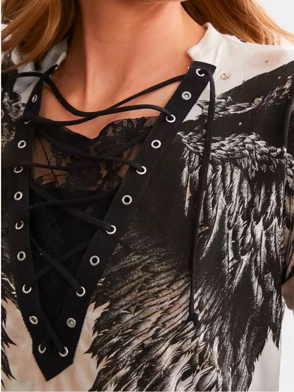 Affliction Isadora Diamonds Lace Up Wing Tee Small NWT Y2K